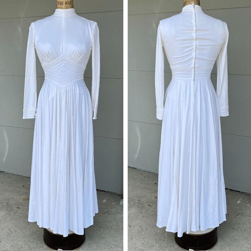Vintage 1970s Modest Long-Sleeve White Wedding Dress - High Neck, Full Skirt